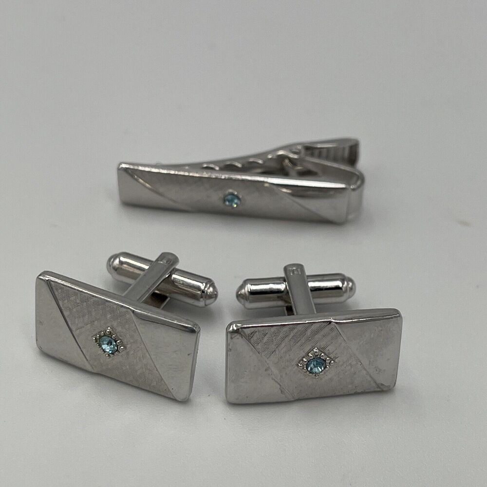 Sarah Coventry Silver Tone Men's Cuff Link & Tie Clip Set Aqua/Light Blue Stone